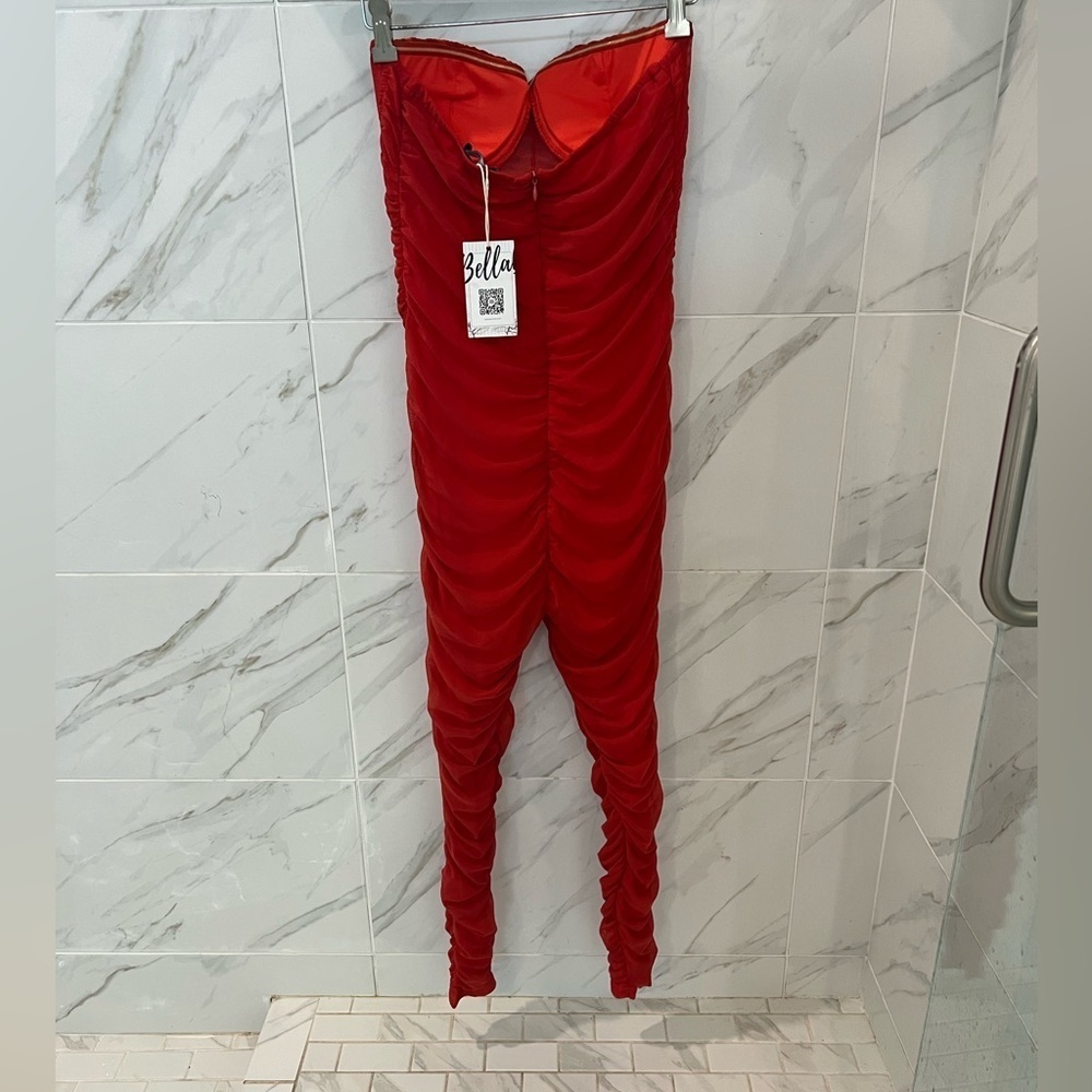 Strapless Ruched Jumpsuit in Rust - Picture 8 of 14
